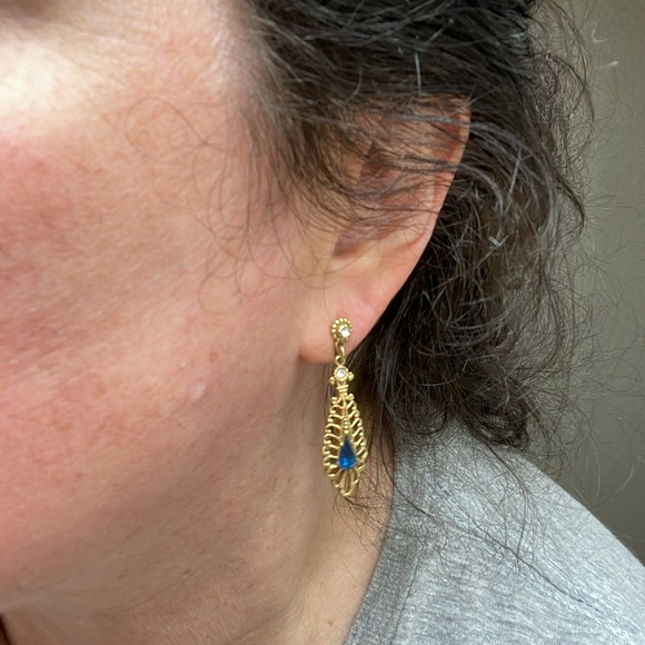 Earrings ~Gold tone with white blue crystals - Picture 3 of 5